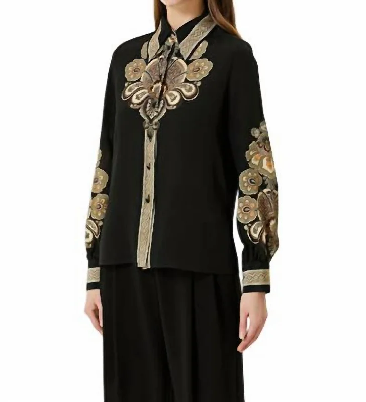 Shawl Patterned Silk Shirt In Black Multi-- V-Neck T-Shirt Long Sleeve Cotton