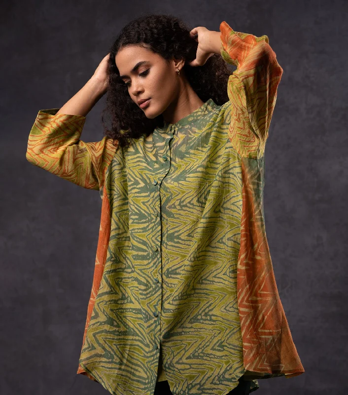 Cotton Silk Chevron Print Flare Shirt-- Front Pockets Side Pockets Patch Pockets