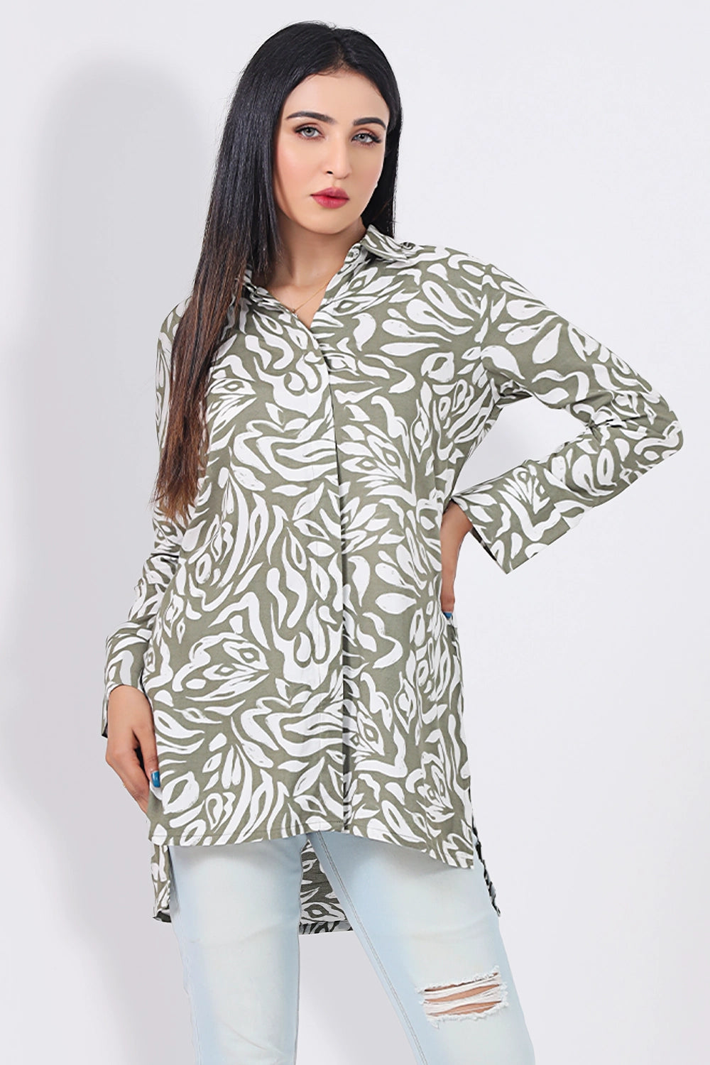 Printed Long Shirt-- Fitted T-Shirt Seamless Stretchy