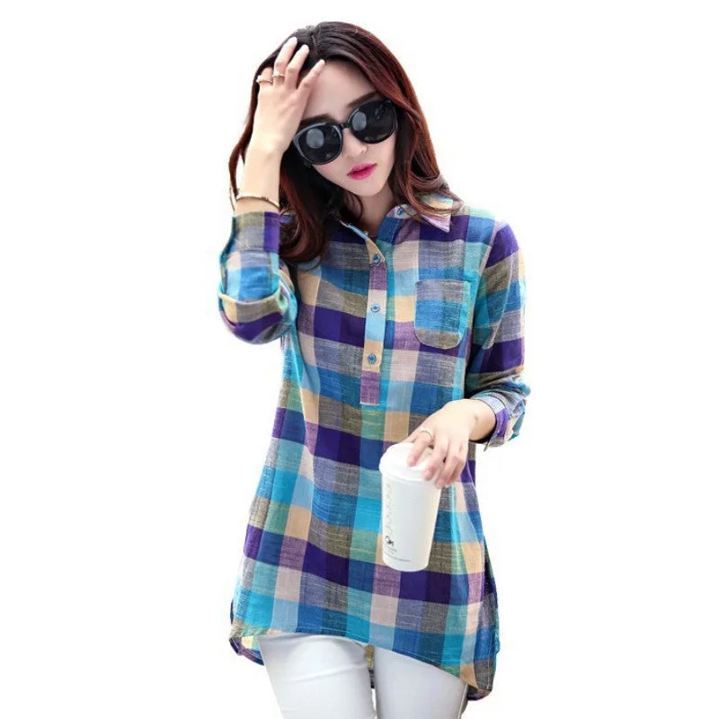 Plaid Shirt Women Female Collar Long Sleeve Shirt Women Casual Cotton Linen Blouses Tops-- Polka Dot Checkered Tartan