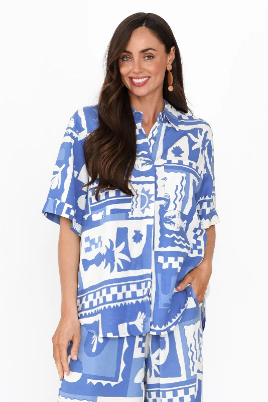 Holiday Blue Seaside Linen Blend Shirt-- Hooded Caped Shawl Collar