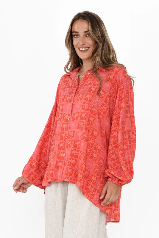 Clifton Pink Palm Collared Shirt-- Graphic Embroidered Appliqued