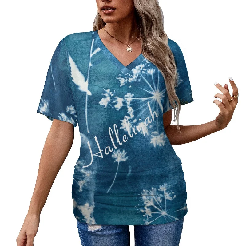 Hallelujah V-neck pleated Christian T-shirt-- Chenille Blend Fleece Blend Nylon Blend