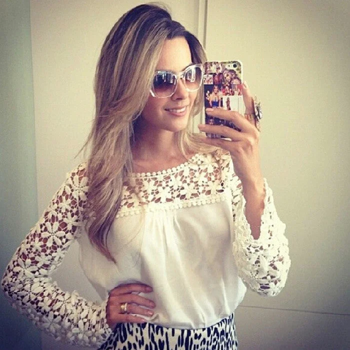 Women White Crochet Lace Shirt Female Floral Crochet Lace Long Sleeve Chiffon Blouse Lace Plus Size S-3XL-- Fashionable Trendy Casual