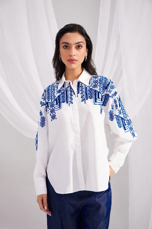 White Cotton Moroccan Embroidered Shirt-- Fashionable Trendy Casual