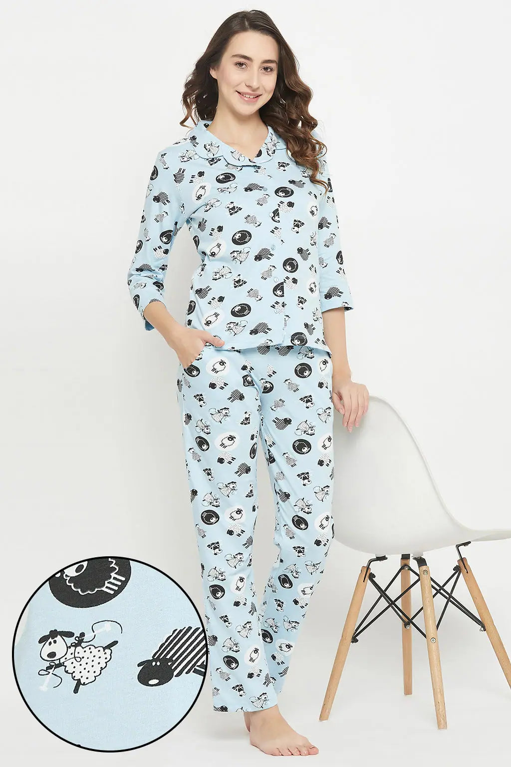 Sheep Print Button Down Shirt & Pyjama Set in Baby Blue - 100% Cotton-- Polka Dot Checkered Tartan