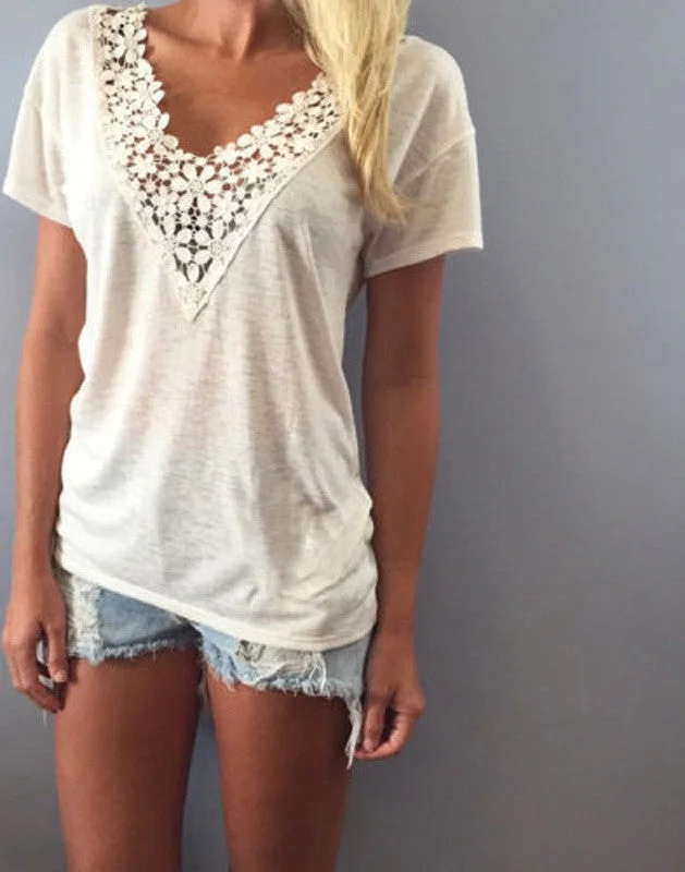 European Style Women Fashion Short Sleeve Lace Flower V Neck White Shirts Casual Slim Basic Blouse Top-- Hooded Caped Shawl Collar