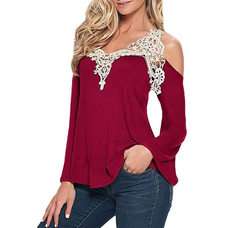 5XL Plus Size Clothing Lace Blouse Flare Sleeve Knitted Shirts Women Blouses Off Shoulder-- Thin T-Shirt Open Front Quick Dry