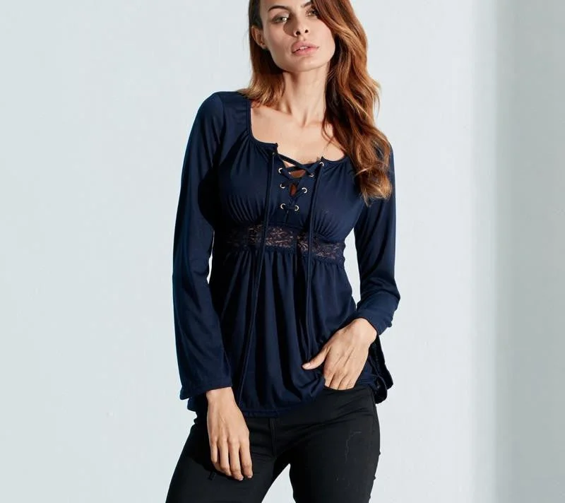 Women Blouse V Neck Long Sleeve Lace Shirt Solid Casual Pleated Lace Up Stretch Blouses Plus Size-- Collared Crew Neck Turtle Neck