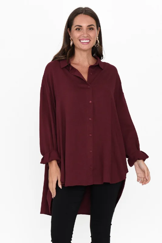Malena Maroon Linen Blend Shirt-- Embroidered Appliqued Beaded