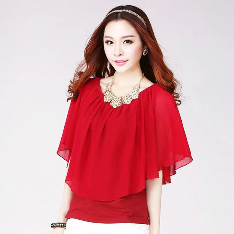 Black chiffon blouse for women's overlay top plus size women's clothing short sleeve red blouse shirts-- Satin Fabric Silk Fabric Chiffon Fabric