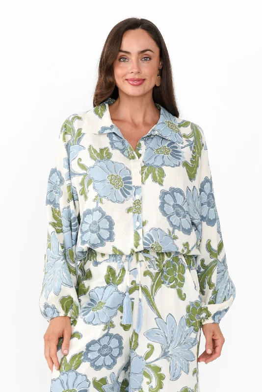 Hazel Blue Floral Linen Blend Shirt-- Casual Formal Business