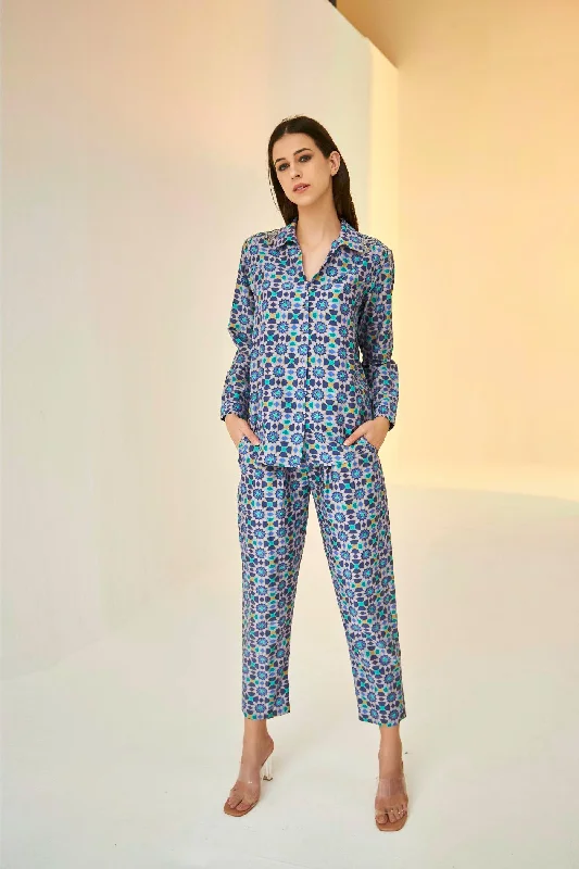 Lilac- Bliss Kokand Print Shirt And Pant Set-- Beaded Sequined Faux Fur