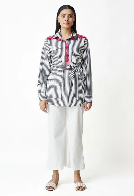 White & Black Stripe Embroidered Shirt-- Rayon Fabric Velvet Fabric Corduroy Fabric