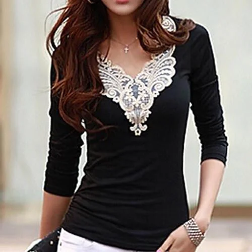 Women's Embroidery Lace Decoration Tops V Neck Long Sleeves Slim Cotton T-Shirt smt102-- Cashmere Blend Cotton Blend Poly Blend