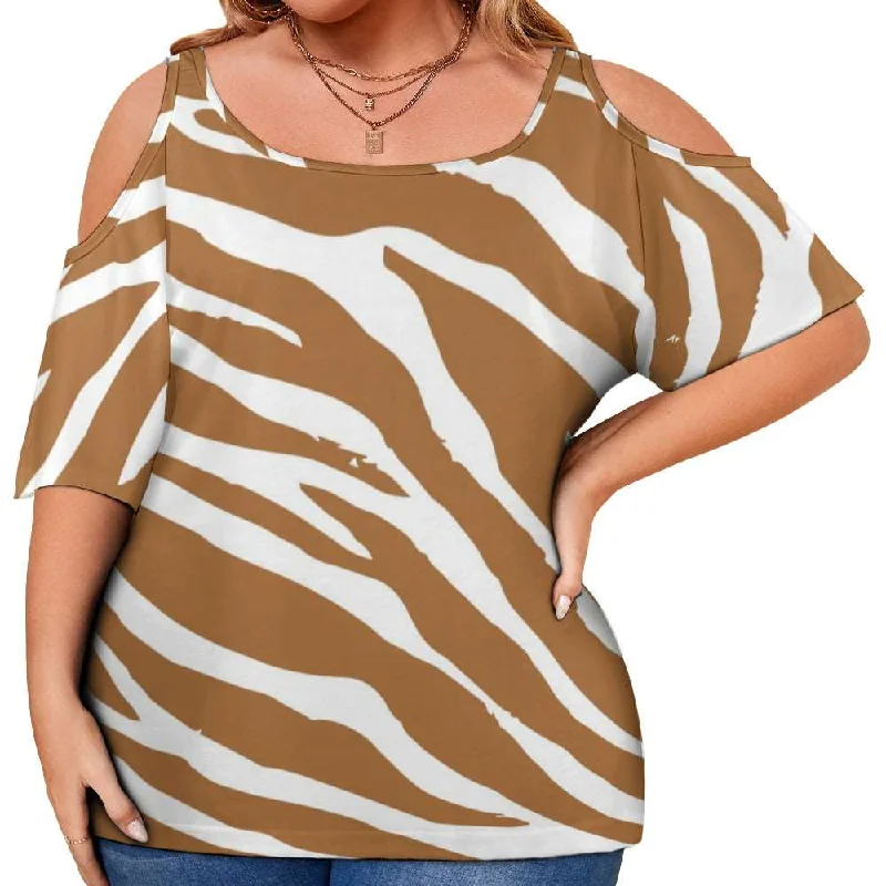 Brown Zebra Cold Shoulder T-shirt-- Collared Crew Neck Turtle Neck
