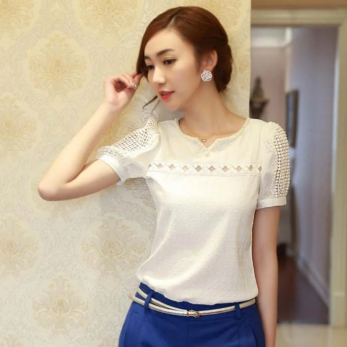 Cloth Women Blouse Lady Short Sleeve V neck Chiffon Shirts Fashion Lace Women's Casual Tops-- Collared T-Shirt Boat Neck A-Line