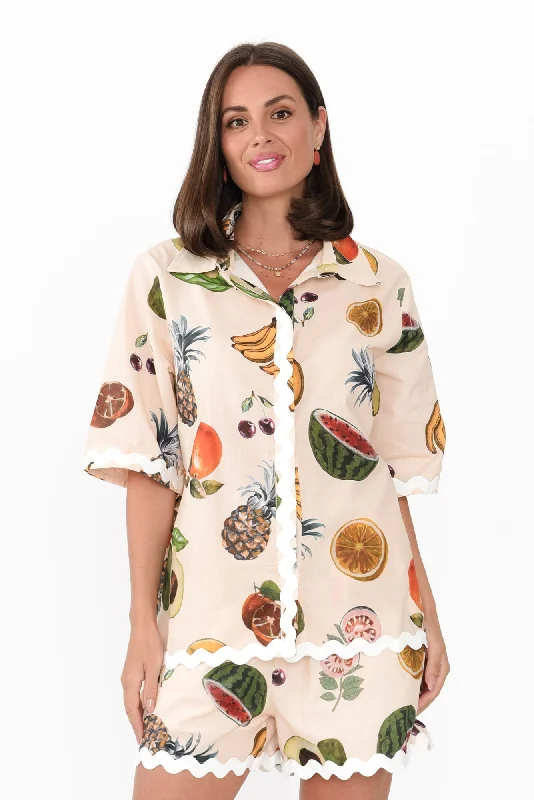 Hera Blush Fruity Linen Cotton Shirt-- Beaded Sequined Faux Fur