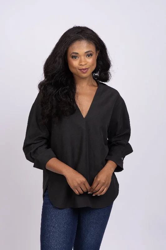 Vince Shaped Collar V-Neck Shirt in Black-- Elasticated Padded Insulated