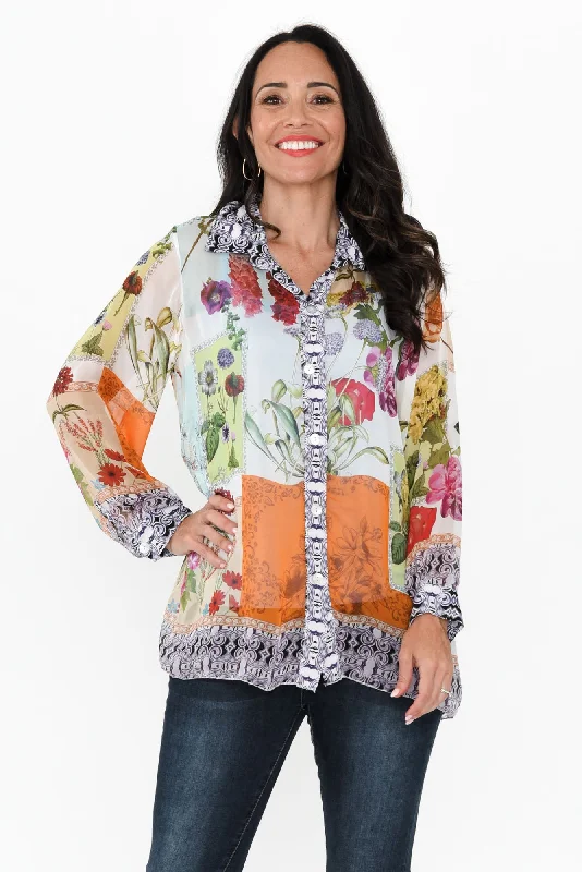 Coletta Cream Floral Silk Shirt-- Notch Collar Peter Pan Collar Cowl Neck