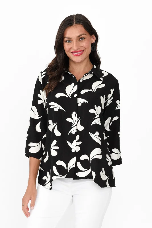 Myah Black Splash Collared Shirt-- Mesh Blend Leather Blend Suede Blend