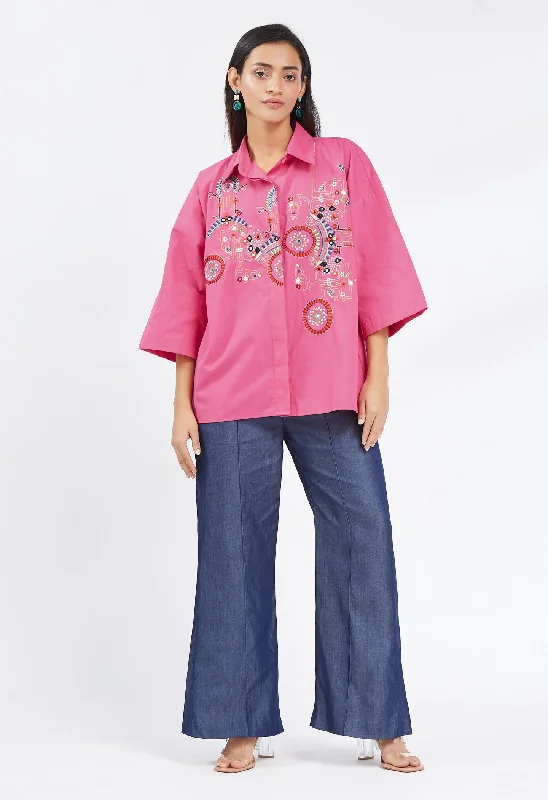 Pink Multi Colour Embroidered Shirt-- Ribbed Striped Patterned