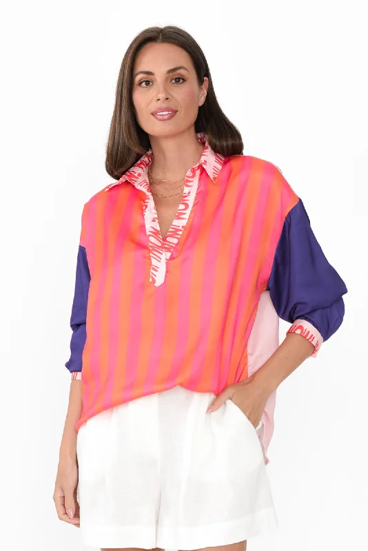 Suzy Pink Splice V Neck Shirt-- V-Neck T-Shirt Long Sleeve Cotton