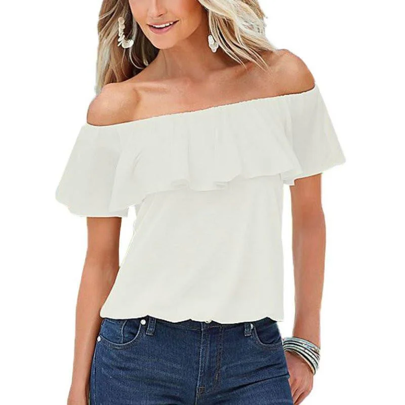 Women sexy Cropped Shirt Slash Neck Ruffle Short Sleeve Off Shoulder Top Blouse-- Wool Fabric Cashmere Fabric Tweed Fabric