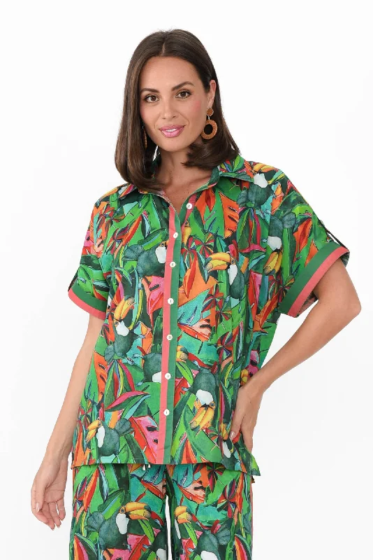 Abrie Green Jungle Cotton Shirt-- Cotton Fabric Linen Fabric Terry Fabric