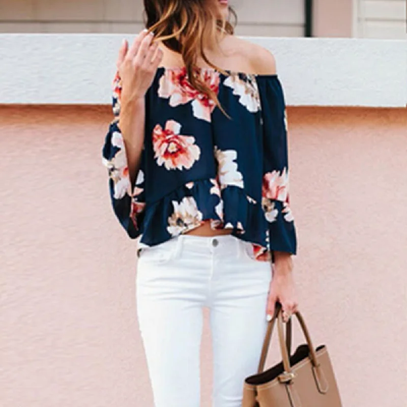 Women Chiffon Floral Print T Shirt Tops Slash Neck Off The Shoulder Casual Beach Plus Size Women Clothes-- Denim Fabric Leather Fabric Suede Fabric