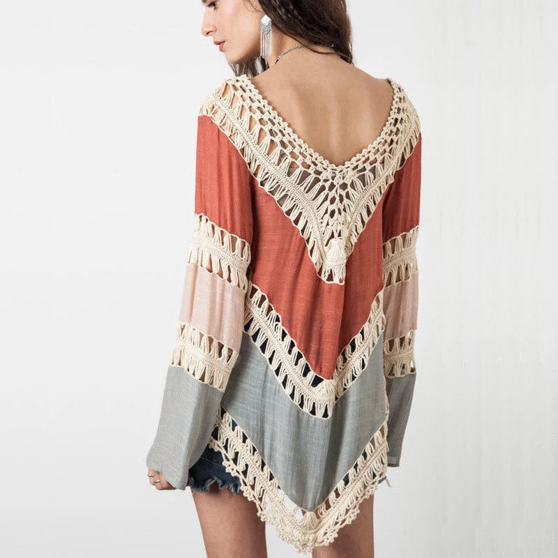Bohemian Lace crochet t-shirts for women long flare sleeve splice fashion t shirt vintage handmade knitted female t-shirt-- Satin Fabric Silk Fabric Chiffon Fabric