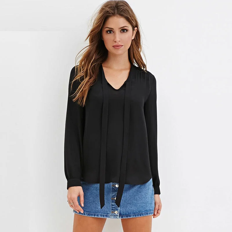 Arrival Fashion Long Sleeve Knot Bow Neck Plus Size S - XXXXL 5XL 6XL Solid Casual Fashion Blouse Women Tops Shirt-- Satin Blend Silk Blend Wool Blend