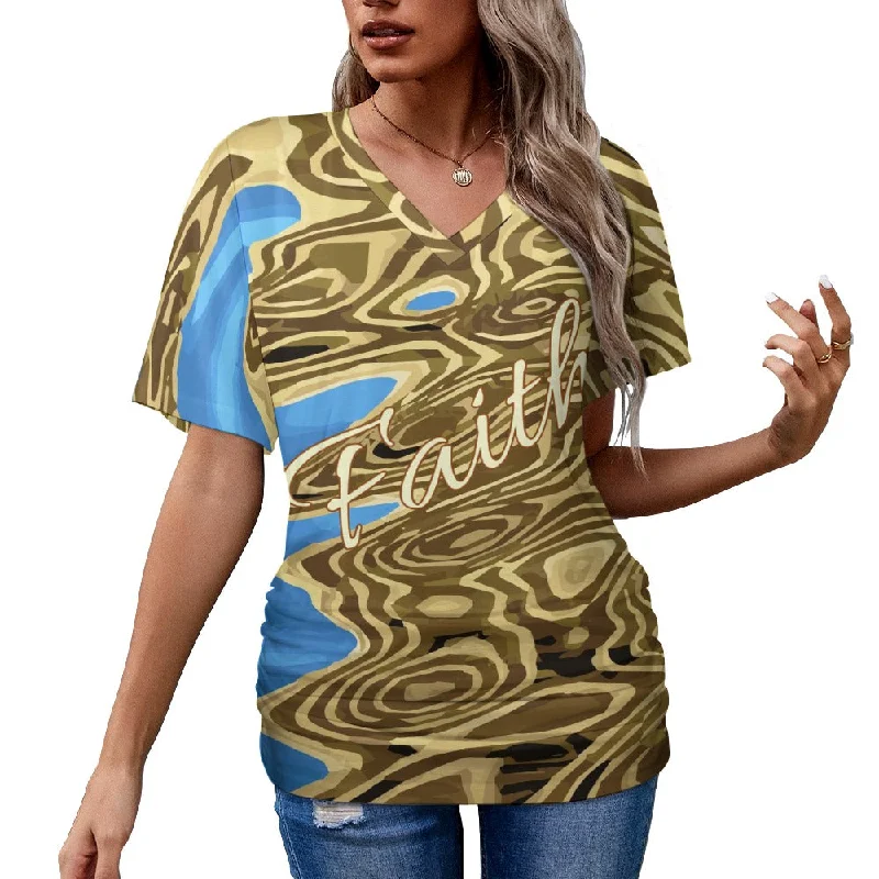 Faith V-neck pleated Christian T-shirt-- Cashmere Blend Cotton Blend Poly Blend