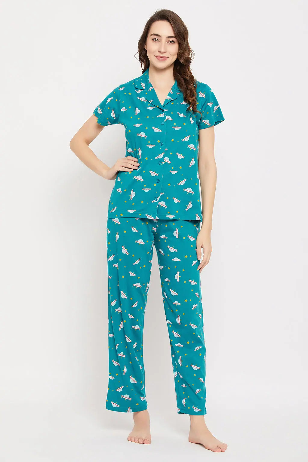 Spaceship Print Button Down Shirt & Pyjama Set in Teal Blue - 100% Cotton-- Mesh Blend Leather Blend Suede Blend