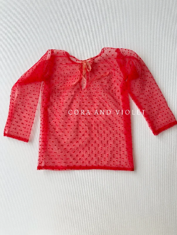 Cherry red Dottie Layering shirt-- Asymmetrical Pockets Print