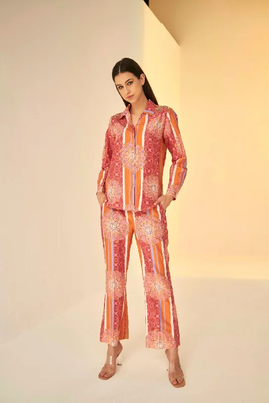 Rust- Bliss Bukhara Print Shirt And Pant Set-- Mesh Canvas Denim
