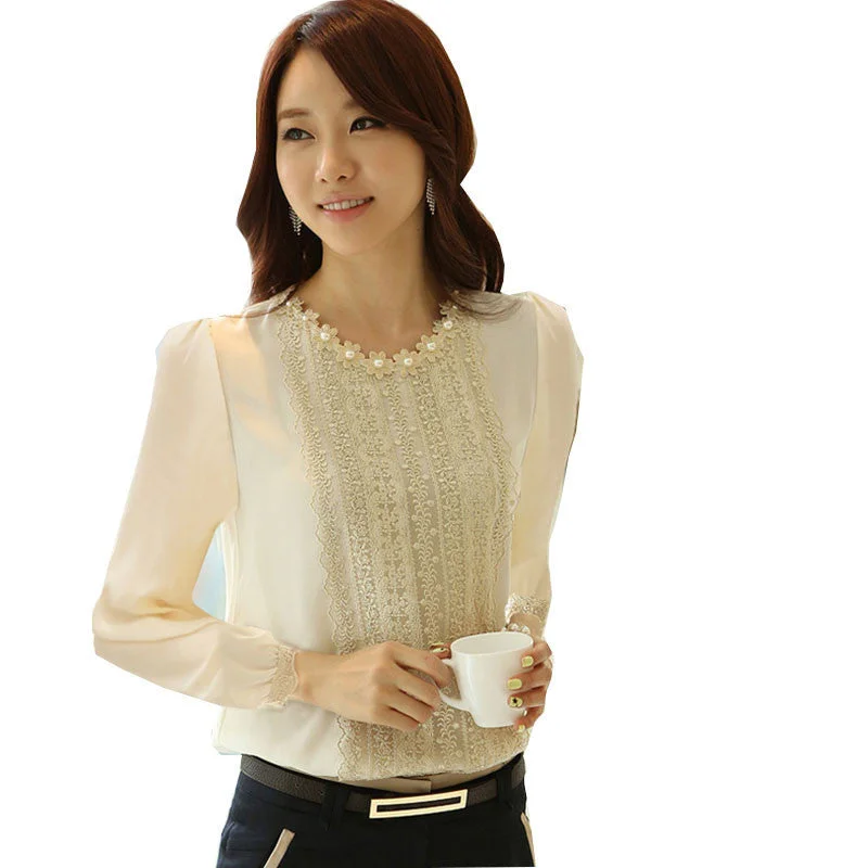Lace Blouse Women Tops And Blouses Fashion Shirt Long Sleeve white Shirts social womens blouses-- Spandex Blend Rayon Blend Denim Blend