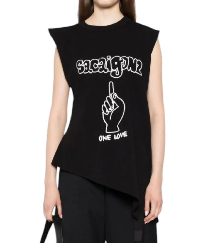Gonz Print T-Shirt In Black-- Notch Collar Peter Pan Collar Cowl Neck