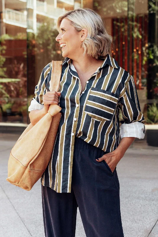 Kerry Navy Stripe Cotton Shirt-- Ribbed T-Shirt High Neck Heavyweight