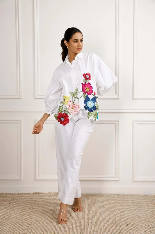 Full Bloom Oversized White Shirt-- Lace Blend Ribbed Blend Corduroy Blend