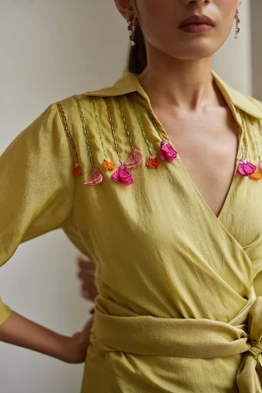 Leek Green Hand Embroidered Wrap Shirt-- Thin T-Shirt Open Front Quick Dry