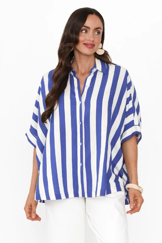 Palermo Blue Stripe Linen Blend Shirt-- Embroidered Appliqued Beaded