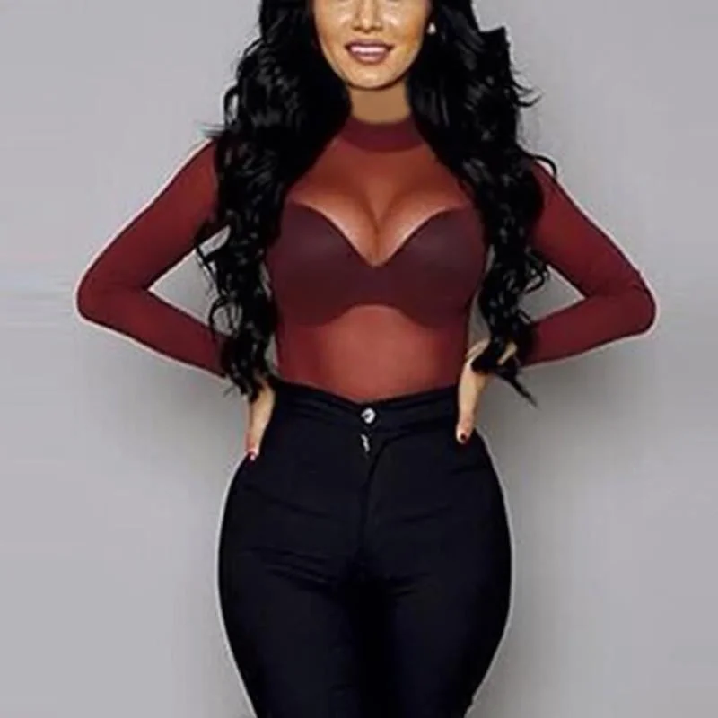 Women Blouses See Through Transparent Mesh O-Neck Long Sleeve Ladies Sheer Blouse Shirt Plus Size-- Nylon Fabric Polyester Fabric Spandex Fabric