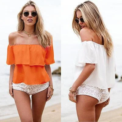 Women Off Shoulder Chiffon Short Sleeve Party Slim Shirt Top Tops & Tees-- Hooded Caped Shawl Collar Women Off Shoulder Chiffon Short Sleeve Party Slim Shirt Top Tops & Tees-- Hooded Caped Shawl Collar