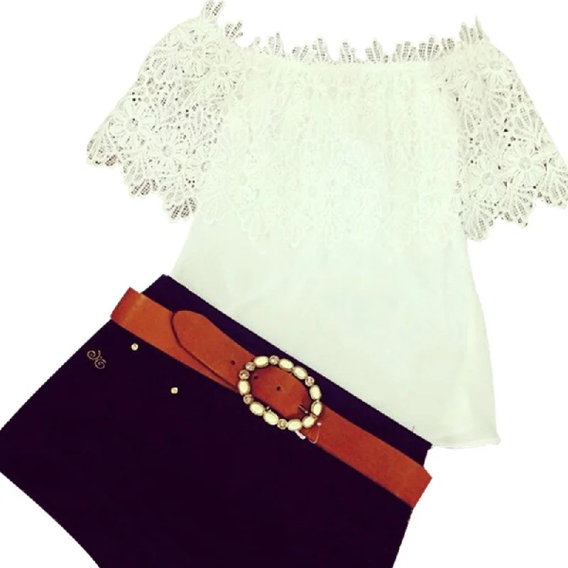 Women Lace Crochet Off Shoulder Chiffon T Shirt Casual Tops-- Terry Blend Velvet Blend Canvas Blend