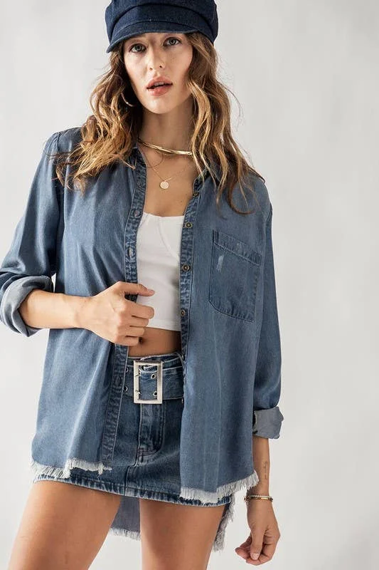Denim Button Down Raw Hem Washed Shirt-- Elegant Classic Vintage