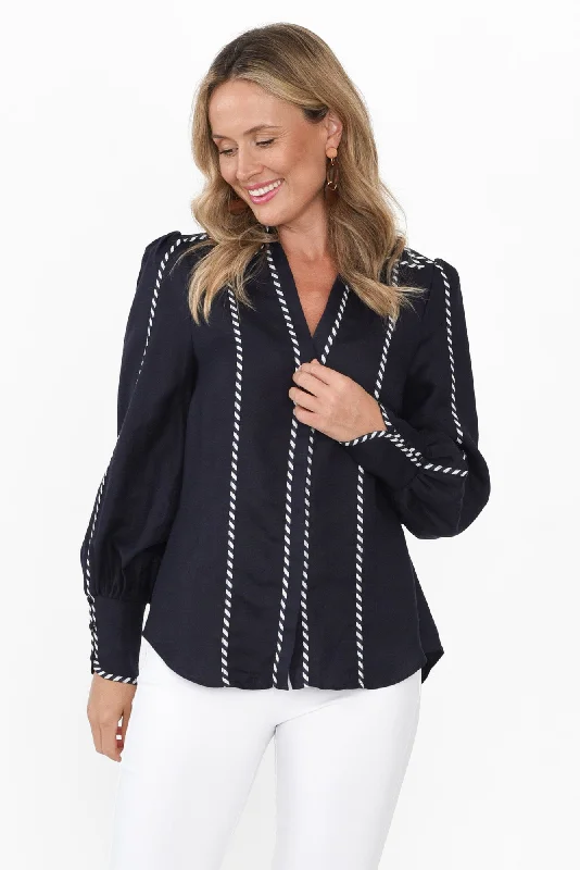Pisces Navy Ink Linen Blend Shirt-- Plaid T-Shirt Polka Dot Checkered
