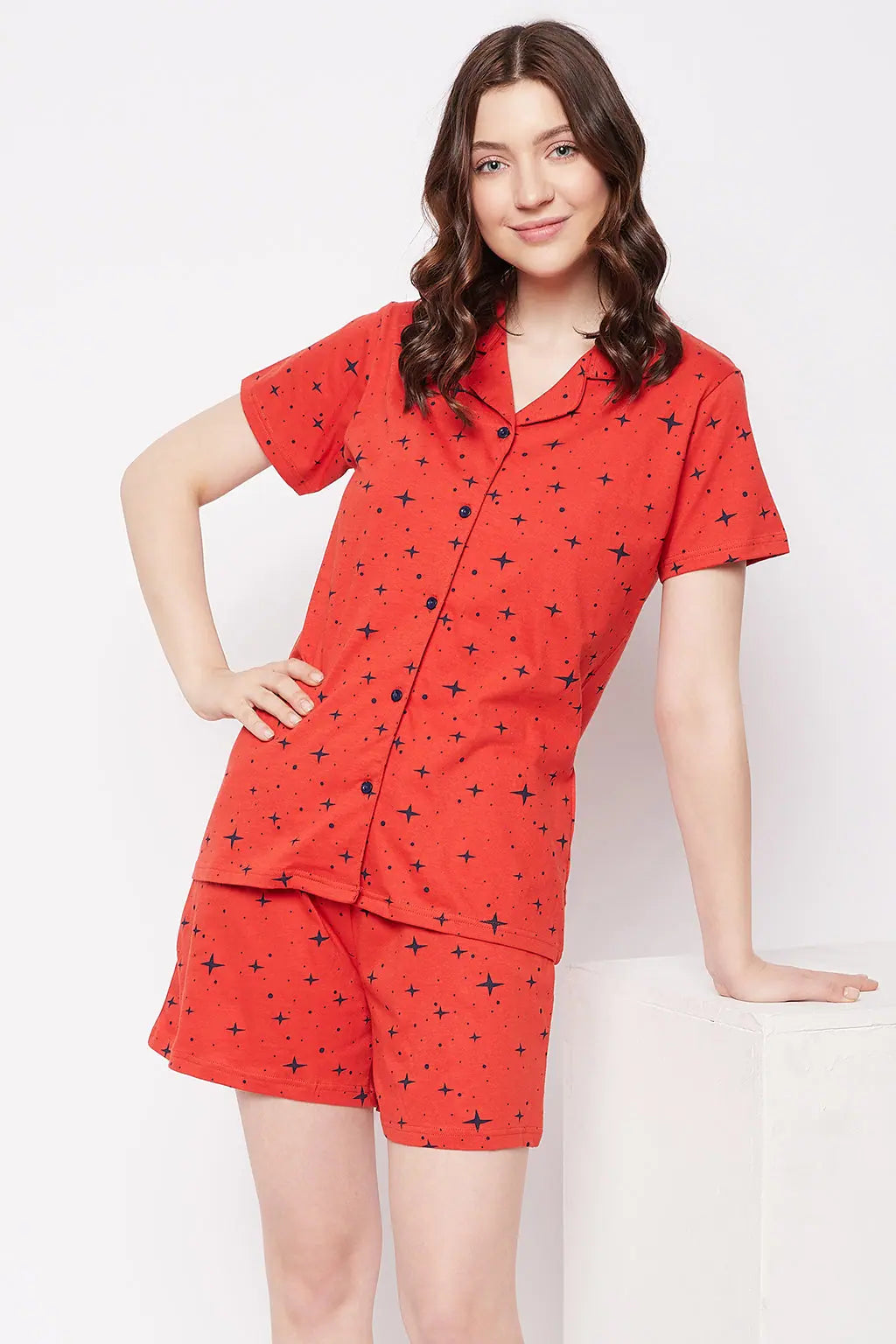 Cosmos Print Button Down Shirt & Shorts Set in Red - 100% Cotton-- Terry Blend Velvet Blend Canvas Blend