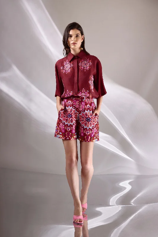 Kashan Red Print Cropped Shirt in Handloom Organic Banana Silk-- Welt Pockets Slit Pockets Flap Pockets Kashan Red Print Cropped Shirt in Handloom Organic Banana Silk-- Welt Pockets Slit Pockets Flap Pockets