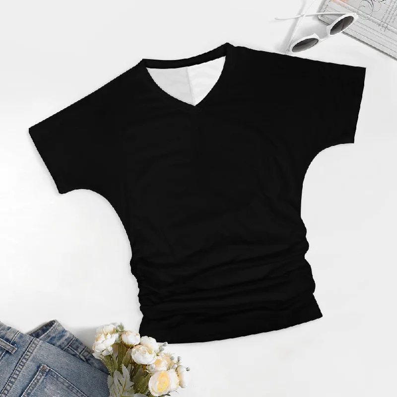 Assorted Colors V-neck pleated T-shirt-- Polka Dot Checkered Tartan